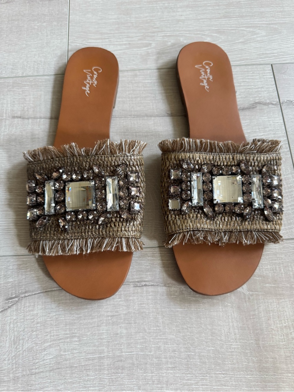 Crown Vintage Tan Jeweled Fringe Slide Mules